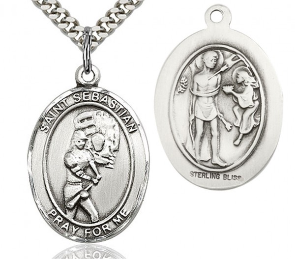 St. Sebastian Softball Medal, Sterling Silver, Large - 24&quot; 2.4mm Rhodium Plate Endless Chain