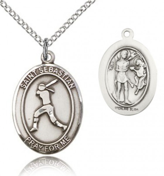 St. Sebastian Softball Medal, Sterling Silver, Medium - 18&quot; 1.2mm Sterling Silver Chain + Clasp