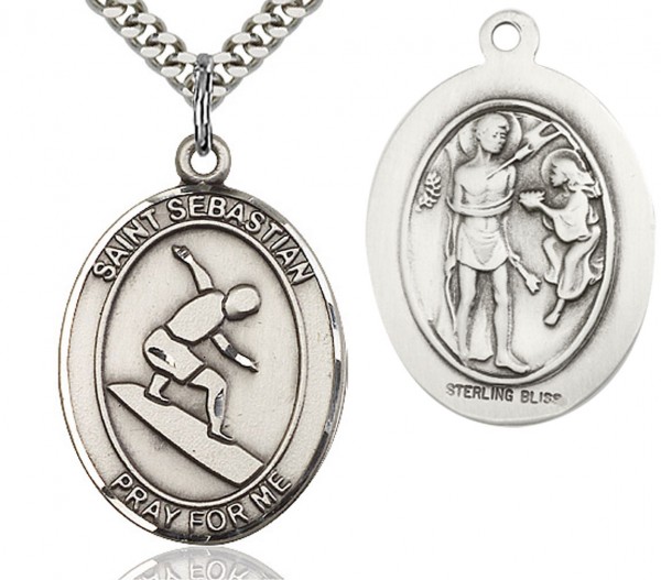 St. Sebastian Surfing Medal, Sterling Silver, Large - 24&quot; 2.4mm Rhodium Plate Chain + Clasp