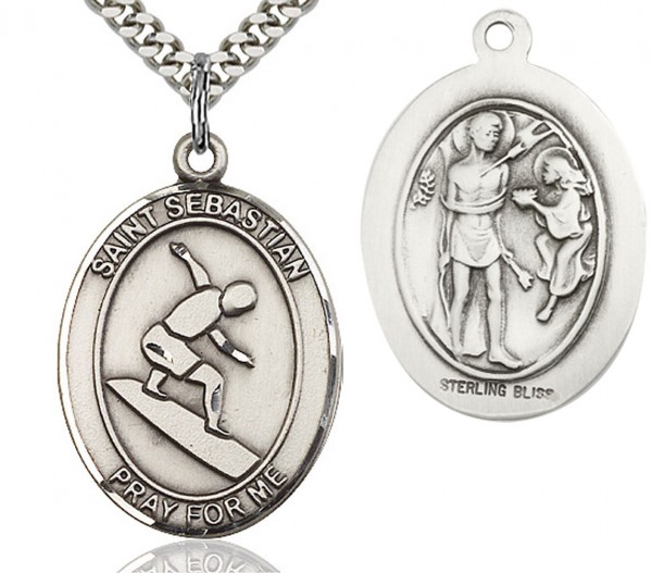 St. Sebastian Surfing Medal, Sterling Silver, Large - 24&quot; 2.4mm Rhodium Plate Endless Chain