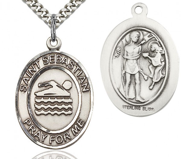 St. Sebastian Swimming Medal, Sterling Silver, Large - 24&quot; 2.4mm Rhodium Plate Endless Chain