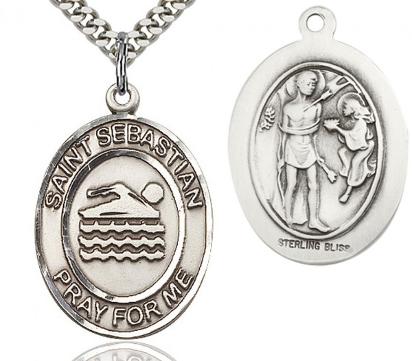 St. Sebastian Swimming Medal, Sterling Silver, Large - 24&quot; Sterling Silver Chain + Clasp