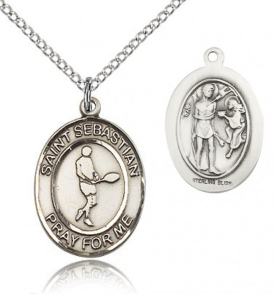 St. Sebastian Tennis Medal, Sterling Silver, Medium - 18&quot; 1.2mm Sterling Silver Chain + Clasp