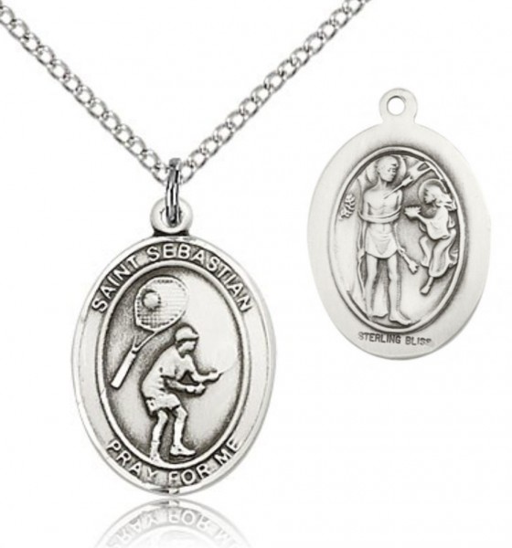 St. Sebastian Tennis Medal, Sterling Silver, Medium - 18&quot; 1.2mm Sterling Silver Chain + Clasp