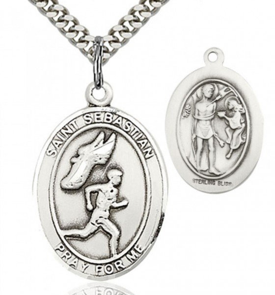 St. Sebastian Track and Field Medal, Sterling Silver, Large - 24&quot; 2.4mm Rhodium Plate Chain + Clasp