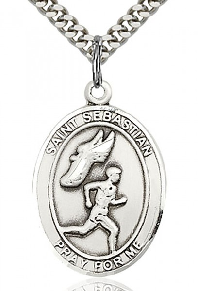 St. Sebastian Track and Field Medal, Sterling Silver, Large - 24&quot; Sterling Silver Chain + Clasp