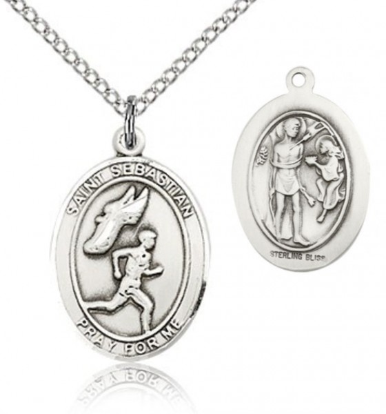 St. Sebastian Track and Field Medal, Sterling Silver, Medium - 18&quot; 1.2mm Sterling Silver Chain + Clasp