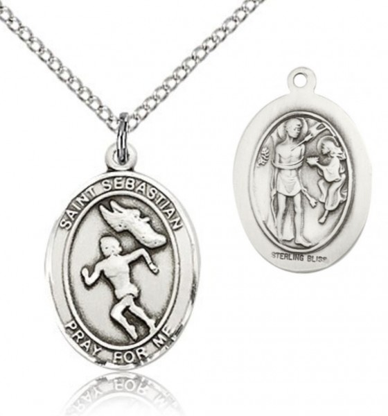 St. Sebastian Track and Field Medal, Sterling Silver, Medium - 18&quot; 1.2mm Sterling Silver Chain + Clasp