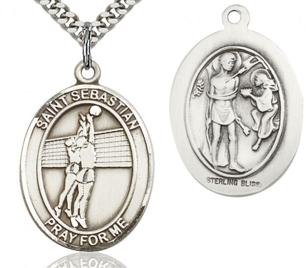 St. Sebastian Volleyball Medal, Sterling Silver, Large - 24&quot; 2.4mm Rhodium Plate Chain + Clasp