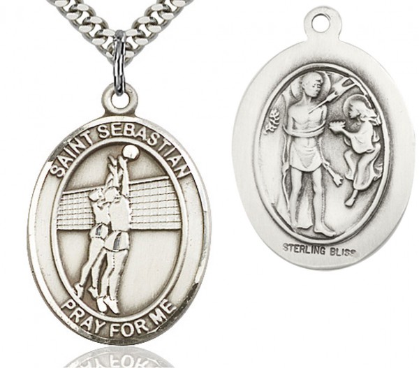 St. Sebastian Volleyball Medal, Sterling Silver, Large - 24&quot; 2.4mm Rhodium Plate Endless Chain