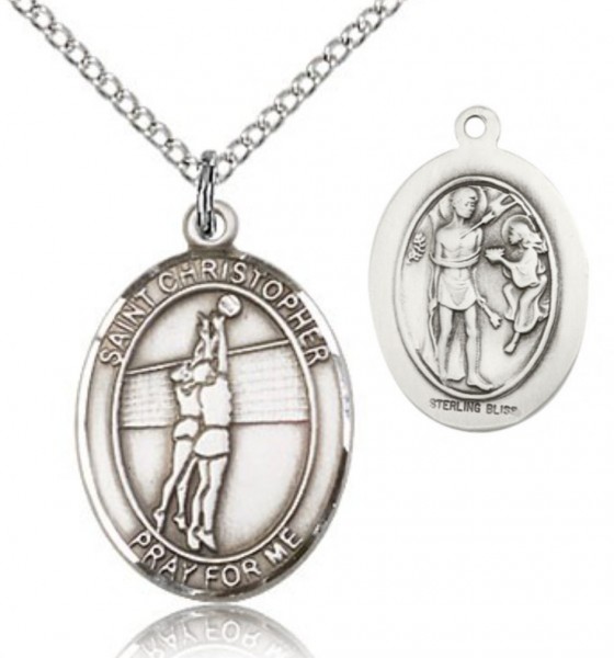 St. Sebastian Volleyball Medal, Sterling Silver, Medium - 18&quot; 1.2mm Sterling Silver Chain + Clasp