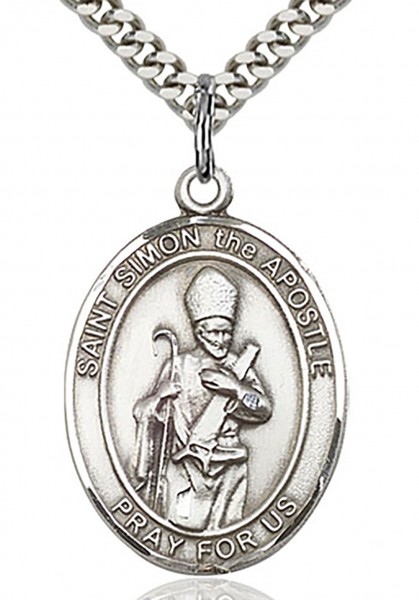 St. Simon Medal, Sterling Silver, Large - 24&quot; 2.4mm Rhodium Plate Chain + Clasp