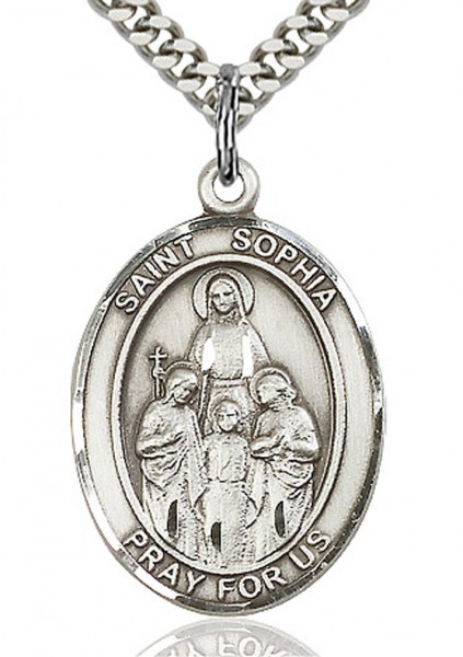 St. Sophia Medal, Sterling Silver, Large - 24&quot; 2.4mm Rhodium Plate Chain + Clasp