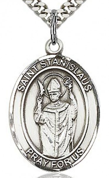 St. Stanislaus Medal, Sterling Silver, Large - 24&quot; 2.4mm Rhodium Plate Chain + Clasp