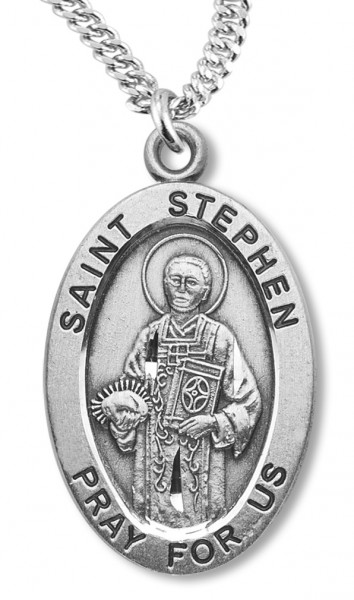 Boy's St. Stephen Necklace Oval Sterling Silver with Chain - 20&quot; 2.2mm Stainless Steel Chain with Clasp