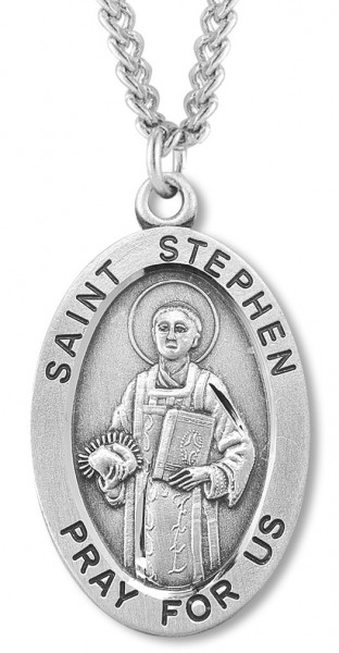 Men's St. Stephen Necklace Oval Sterling Silver with Chain Options - 24&quot; 3mm Stainless Steel Chain + Clasp