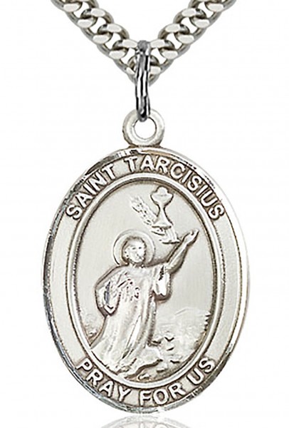 St. Tarcisius Medal, Sterling Silver, Large - 24&quot; 2.4mm Rhodium Plate Chain + Clasp