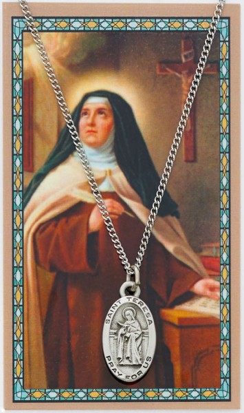 St. Teresa of Avila Medal with Prayer Card - Silver tone