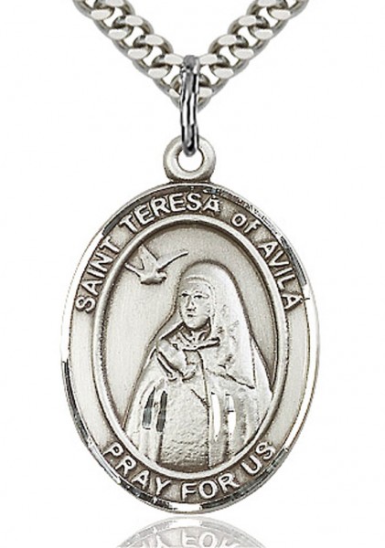 St. Teresa of Avila Medal, Sterling Silver, Large - 24&quot; 2.4mm Rhodium Plate Chain + Clasp