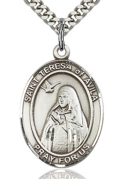 St. Teresa of Avila Medal, Sterling Silver, Large - 24&quot; Sterling Silver Chain + Clasp