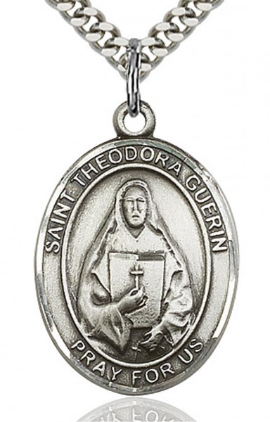 St. Theodore Guerin Medal, Sterling Silver, Large - 24&quot; 2.4mm Rhodium Plate Chain + Clasp