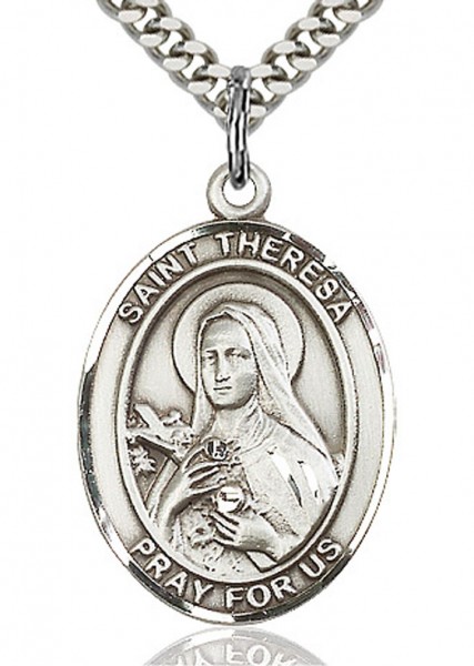 St. Theresa Medal, Sterling Silver, Large - 24&quot; 2.4mm Rhodium Plate Chain + Clasp