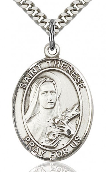 St. Therese of Lisieux Medal, Sterling Silver, Large - 24&quot; 2.4mm Rhodium Plate Chain + Clasp