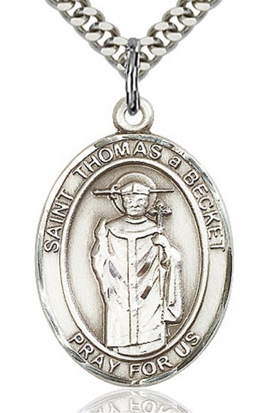 St. Thomas A Becket Medal, Sterling Silver, Large - 24&quot; 2.4mm Rhodium Plate Chain + Clasp