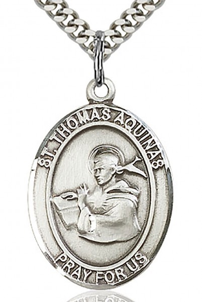 St. Thomas Aquinas Medal, Sterling Silver, Large - 24&quot; 2.4mm Rhodium Plate Chain + Clasp