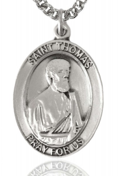 St. Thomas the Apostle Medal, Sterling Silver, Large - 24&quot; 2.4mm Rhodium Plate Chain + Clasp