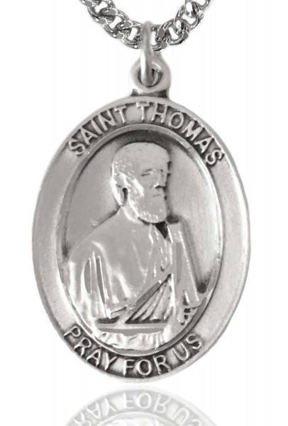 St. Thomas the Apostle Medal, Sterling Silver, Large - 24&quot; 2.4mm Rhodium Plate Endless Chain