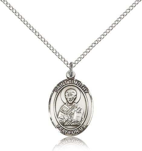 St. Timothy Medal, Sterling Silver, Medium - 18&quot; Lite Rhodium Plate Chain + Clasp