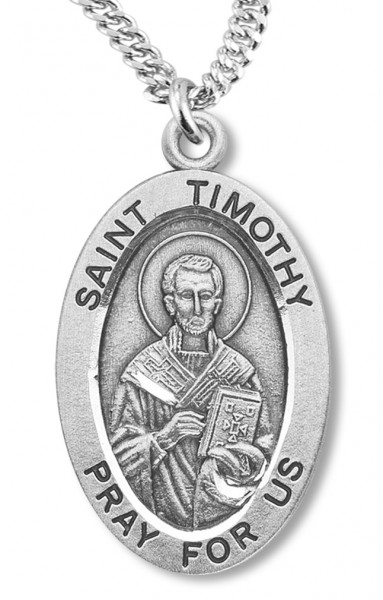Boy's St. Timothy Necklace Oval Sterling Silver with Chain - 20&quot; 2.2mm Stainless Steel Chain with Clasp