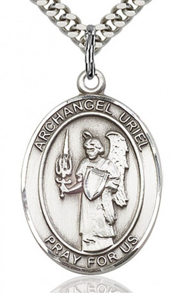 St. Uriel Medal, Sterling Silver, Large - 24&quot; 2.4mm Rhodium Plate Chain + Clasp