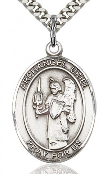 St. Uriel Medal, Sterling Silver, Large - 24&quot; 2.4mm Rhodium Plate Endless Chain
