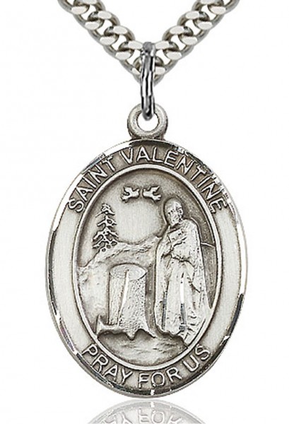St. Valentine of Rome Medal, Sterling Silver, Large - 24&quot; 2.4mm Rhodium Plate Chain + Clasp