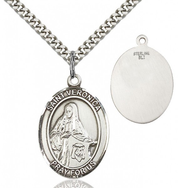 St. Veronica Medal, Sterling Silver, Large - 24&quot; Sterling Silver Chain + Clasp