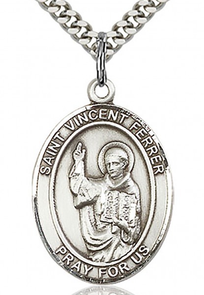 St. Vincent Ferrer Medal, Sterling Silver, Large - 24&quot; 2.4mm Rhodium Plate Chain + Clasp