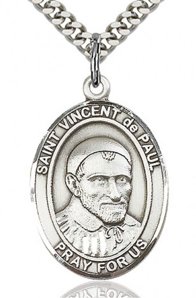 St. Vincent de Paul Medal, Sterling Silver, Large - 24&quot; 2.4mm Rhodium Plate Chain + Clasp