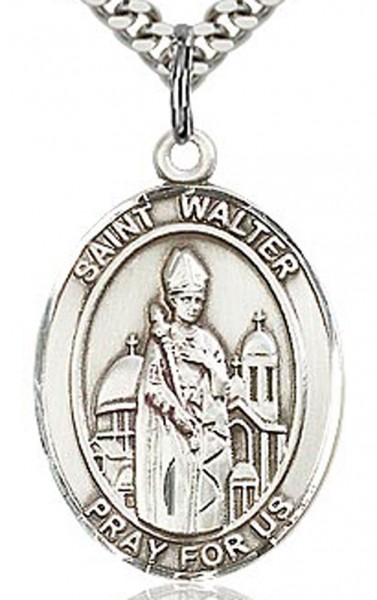 St. Walter of Pontnoise Medal, Sterling Silver, Large - 24&quot; 2.4mm Rhodium Plate Chain + Clasp