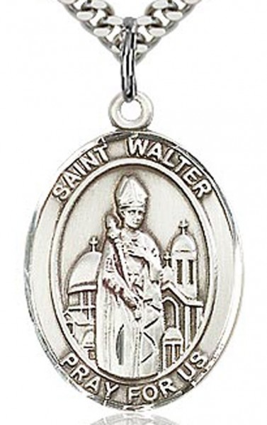 St. Walter of Pontnoise Medal, Sterling Silver, Large - 24&quot; 2.4mm Rhodium Plate Endless Chain