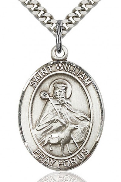 St. William of Rochester Medal, Sterling Silver, Large - 24&quot; 2.4mm Rhodium Plate Chain + Clasp