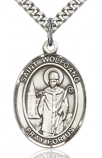 St. Wolfgang Medal, Sterling Silver, Large - 24&quot; 2.4mm Rhodium Plate Chain + Clasp