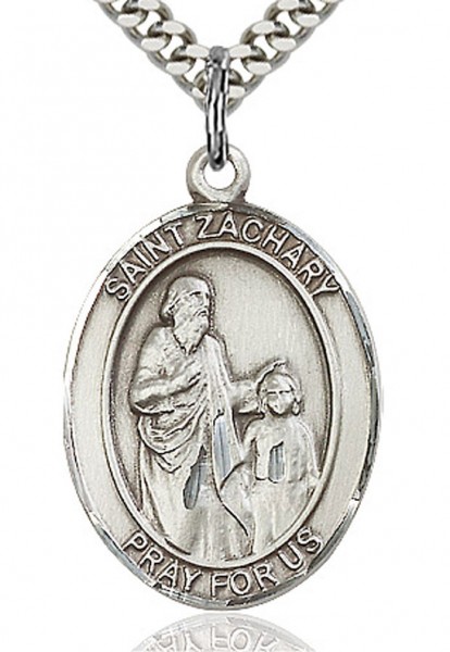 St. Zachary Medal, Sterling Silver, Large - 24&quot; 2.4mm Rhodium Plate Chain + Clasp