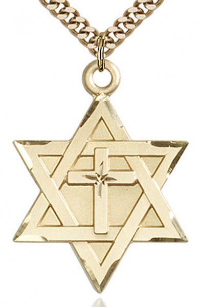 Star of David with Cross Pendant, Gold Filled - 24&quot; 2.4mm Gold Plated Endless Chain