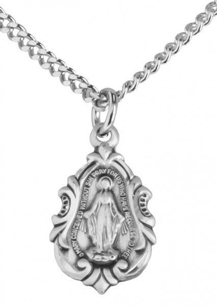 Sterling Silver Fleur de Lys Teardrop Miraculous Pendant - 18&quot; 1.8mm Sterling Silver Chain + Clasp