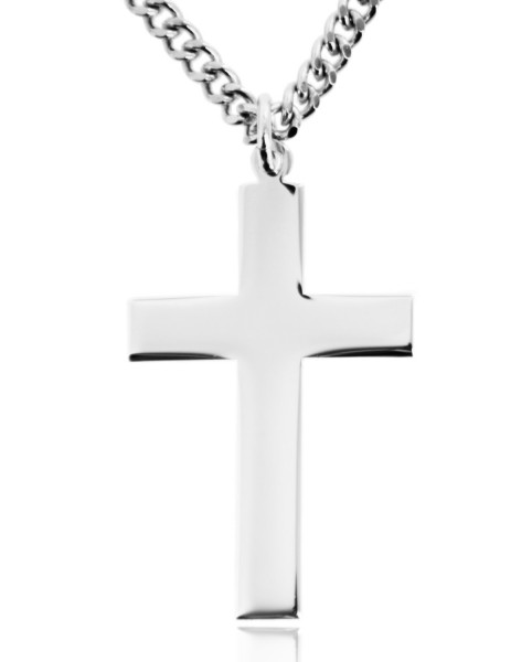 Sterling Silver High Polish Flat Cross Necklace for Men - 24&quot; 3mm Stainless Steel Chain + Clasp