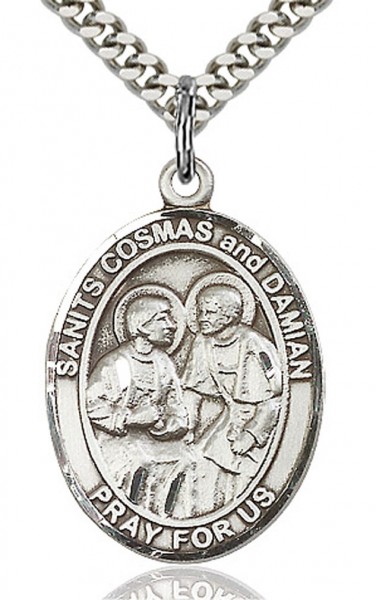 Sts. Cosmas and Damian Medal, Sterling Silver, Large - 24&quot; 2.4mm Rhodium Plate Chain + Clasp
