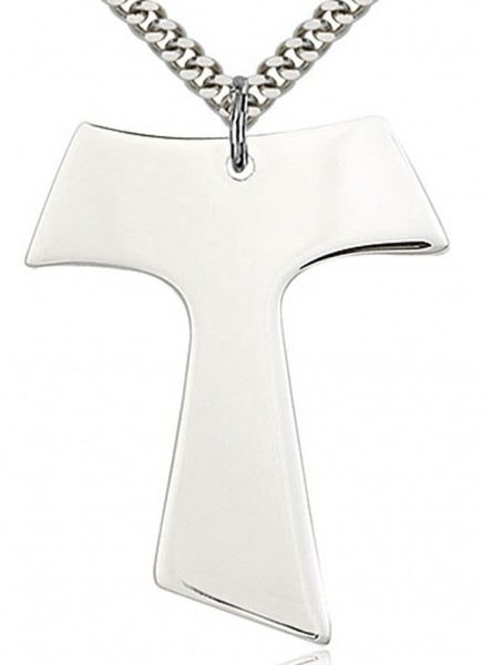 Tau Cross Pendant, Sterling Silver - 24&quot; 2.4mm Rhodium Plate Endless Chain