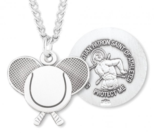 Tennis Rackets Necklace with Saint Sebastian Back in Sterling Silver - 24&quot; 3mm Stainless Steel Endless Chain